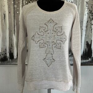 MissMe Womens Embellished Cross Long Sleeve Scoop Neck Cotton Blend Sweater - L